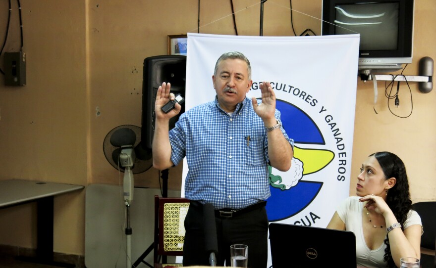 Francisco Telemaco Talavera gives a two-hour presentation to Nicaraguan farmers on the benefits of the canal. Telemaco is the rector of a major Nicaraguan University and head of the Gran Canal Commission. He says the canal will create up to 200,000 jobs and lift the country, the second poorest in the hemisphere, out of poverty.