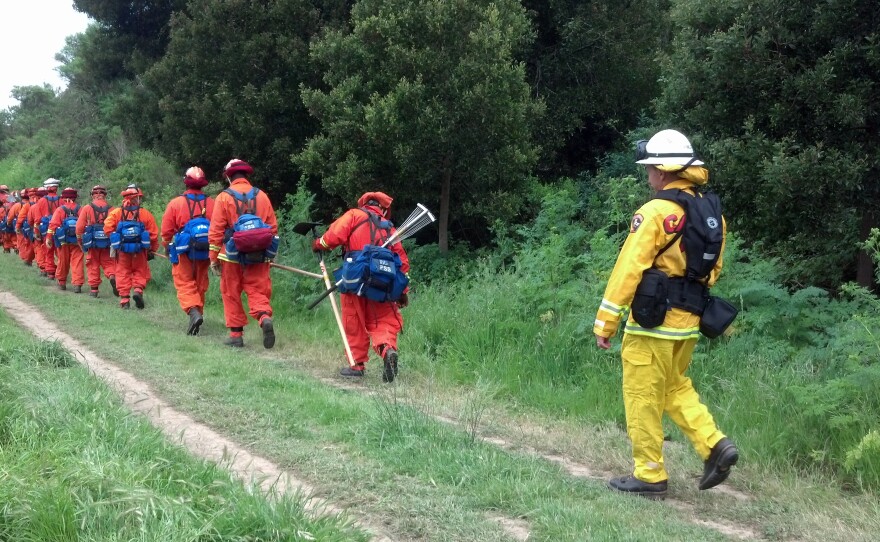 Incarcerated firefighters on a hike.