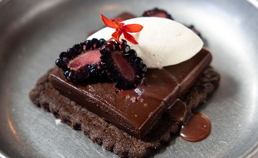 Dark Chocolate Ganache | chocolate sablé, miso cassis caramel, salted caramel ganache, fleur de sel