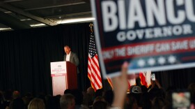 The image shows Chad Bianco, candidate for California Governor, appearing at the California Republican Party convention in San Diego on April 11, 2026.