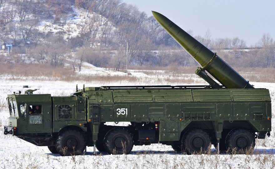 Russia's new Iskander system can be armed with nuclear warheads and can fire either ballistic (pictured) or cruise missiles. The Iskander-M missile launcher was used during a military exercise last month by the Russian Eastern Military District's 5th army at a firing range in Ussuriysk, Russia.
