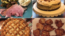 Ham, Brussel sprouts and mashed potatoes (top left); pumpkin cake cheesecake (top right); strawberry rhubarb pie (bottom left); and latkes (bottom right).