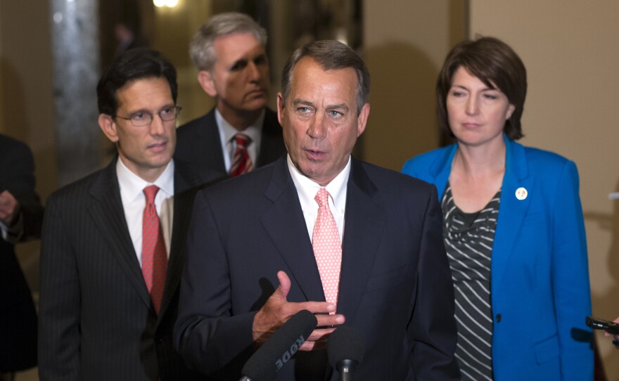 Speaker of the House John Boehner, R-Ohio (center), with House GOP leaders, speaks briefly to reporters on Oct. 1. Joining Boehner are (from left) House Majority Leader Eric Cantor, R-Va., House Majority Whip Kevin McCarthy, R-Calif., and Rep. Cathy McMorris Rodgers, R-Wash., the Republican conference chairwoman.