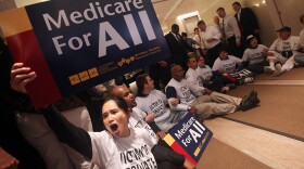 Health care reform supporters rally for Medicare for all on September 29, 2009 in New York City. 