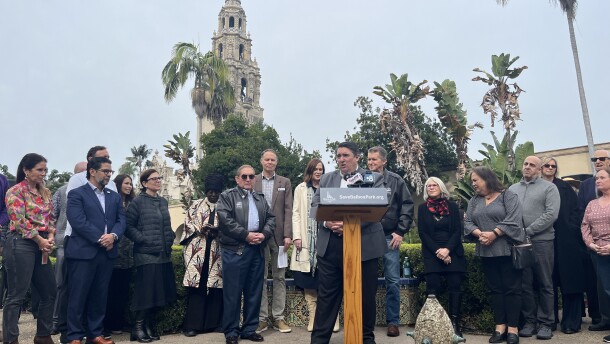 Leaders of some of Balboa Park's largest cultural institutions hold a news conference at Balboa Park on Jan. 21, 2026.