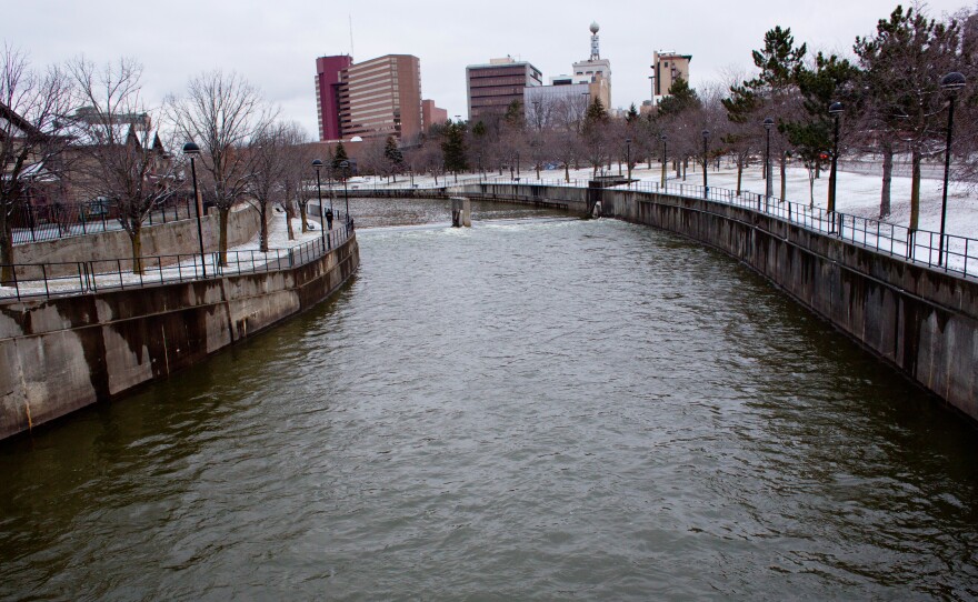 The Flint River is pictured in downtown Flint, Mich., on Feb. 4. The city's water problems began when it switched to using the Flint River for its supply in 2014. They were exacerbated by government officials' failure to disclose and stop the leaching of lead and other toxins into the water.