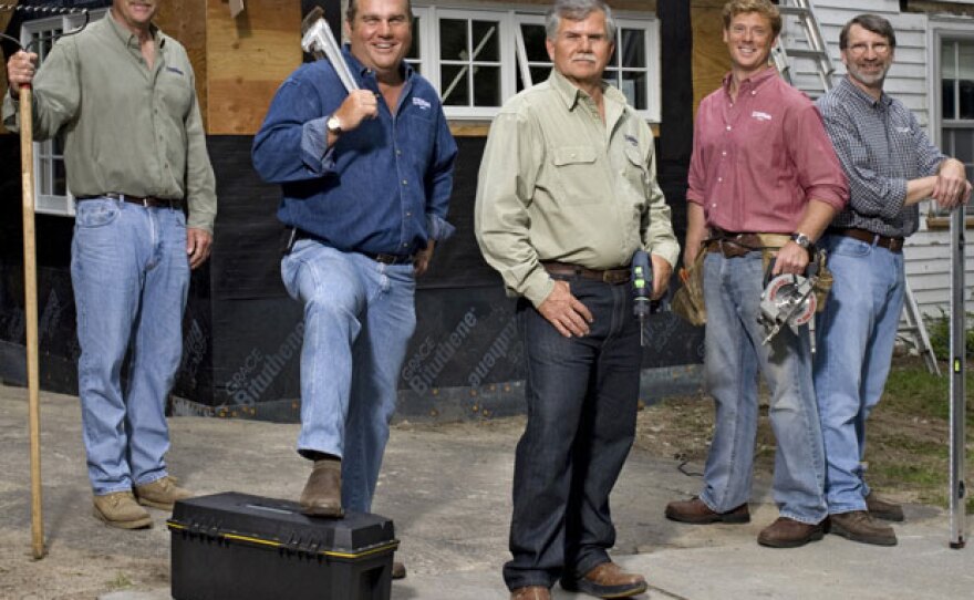 THIS OLD HOUSE crew from left to right: landscape contractor Roger Cook, plumbing and heating expert Richard Trethewey, general contractor Tom Silva, host Kevin O’Connor and master carpenter Norm Abram.