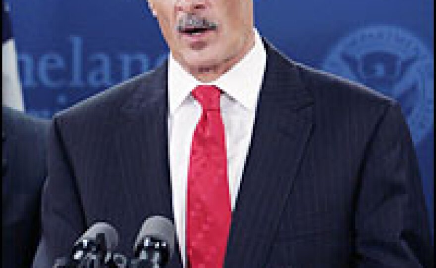 U.S. Homeland Security Secretary Michael Chertoff speaks during a news conference in Washington on Thursday.