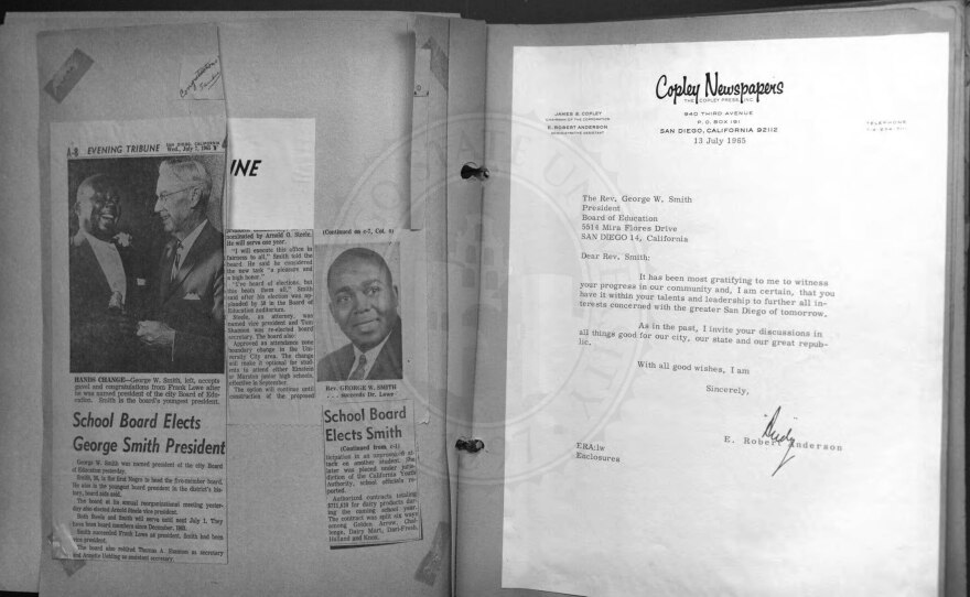 A scrapbook with newspaper clippings from when George Walker Smith being elected as Board of Education president in this undated photo from San Diego State University oral history project.