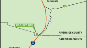 The site of the proposed Liberty Quarry would be located north of San Diego, on the backside of an oak-covered mountain overlooking Temecula. This map shows the approximate location of the proposed quarry, but not its size.
