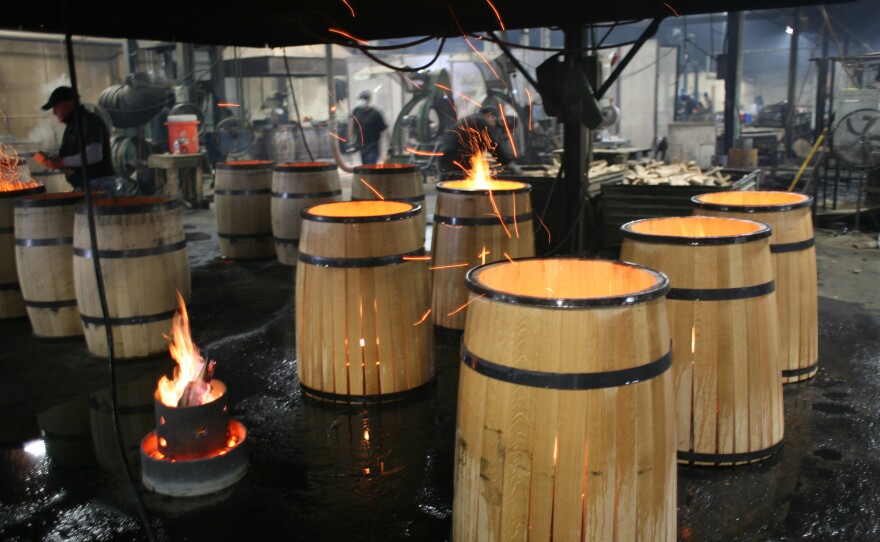 "Once we have the toast layer we'll let the barrel ignite," says Paul McLaughlin of Kelvin Cooperage in Louisville, Ky.