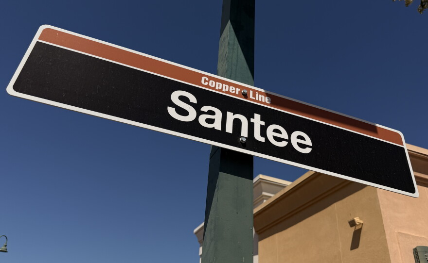 A sign for Santee appears on a pole for the Copper Line trolley extension, Sept. 25, 2026.