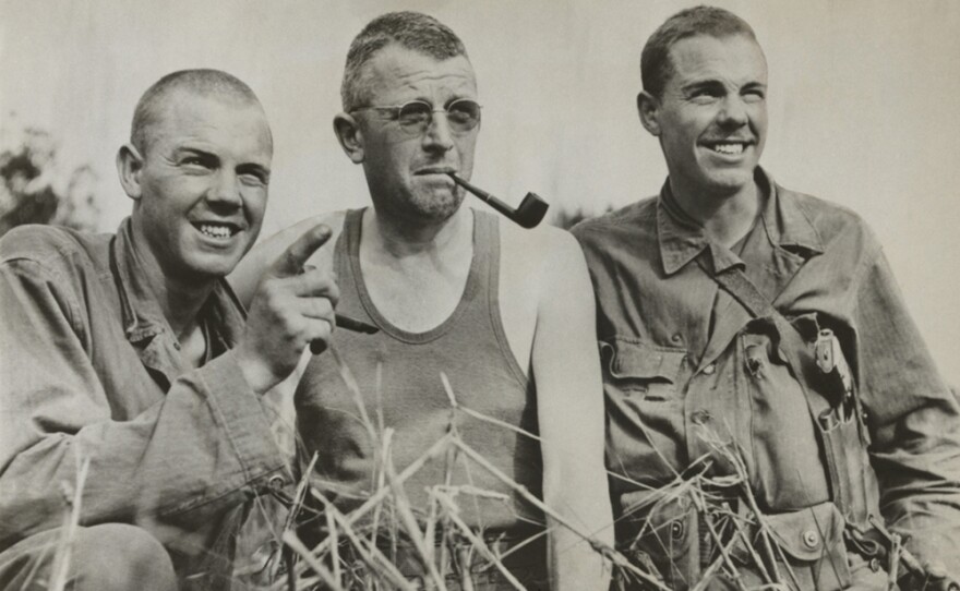 Brig. Gen. Frank Merrill flanked by the Higgins twins Elbert Viron (left) and Albert Byron in 1944. He commanded 'Merrill's Marauders', a special forces unit that operated behind Japanese lines in Burma during World War II.