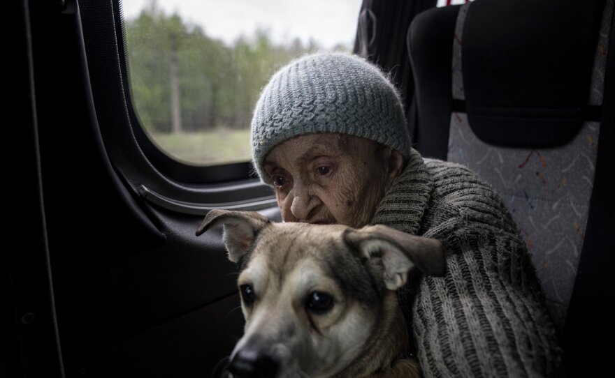 A woman sits on a bus with her dog during evacuation from Lyman, Donetsk region, eastern Ukraine, April 30.