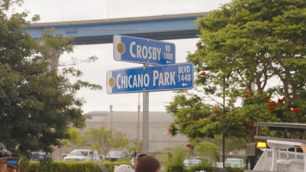 The Chicano Park Boulevard sign is shown on