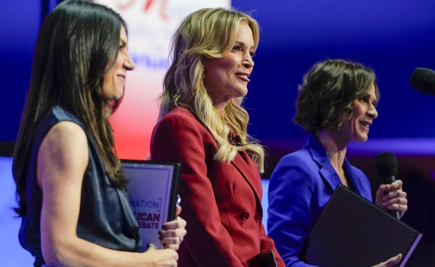 Moderators from l-r., Eliana Johnson, editor-in-chief of The Washington Free Beacon, Megyn Kelly, host of "The Megyn Kelly Show" on SiriusXM, and Elizabeth Vargas of NewsNation, speaking to members of the audience before the Republican presidential primary debate hosted by NewsNation on Wednesday