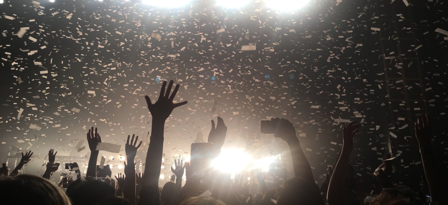 Confetti falls on fans at a concert at the Observatory North Park on April 19, 2018.