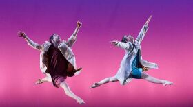 A photo of modern dancers Monica Bill Barnes and Anna Bass.