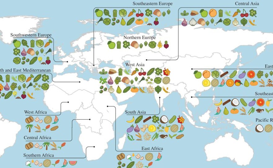 Primary regions of diversity of major agricultural crops worldwide.
