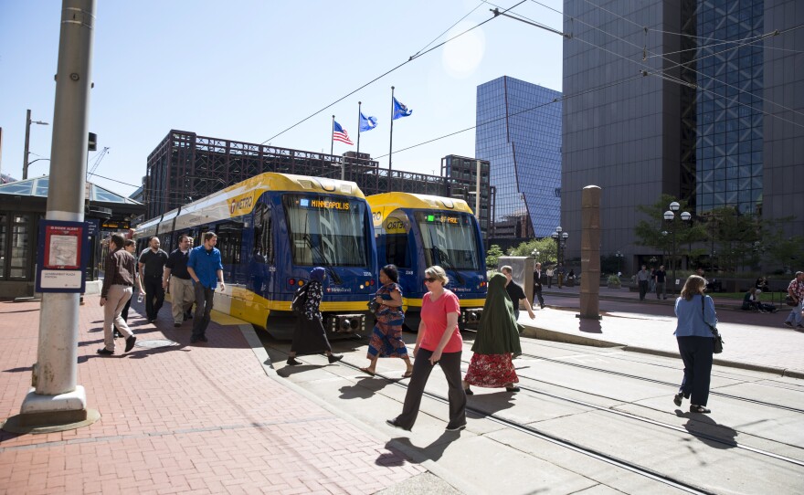 The light rail runs through downtown Minneapolis in September.