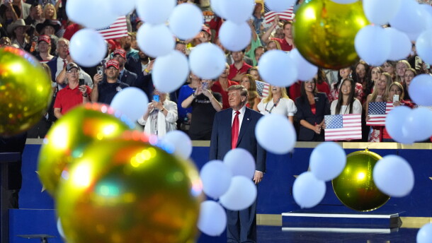 President Trump watches as balloons fall at the Republican convention Thursday, Sept. 10, 2026, in Dallas.
