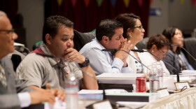 San Ysidro school board members listen to a presentation by Paul Gothold, the San Diego County schools superintendent, as he discusses the findings of a state audit on June 14, 2018. 