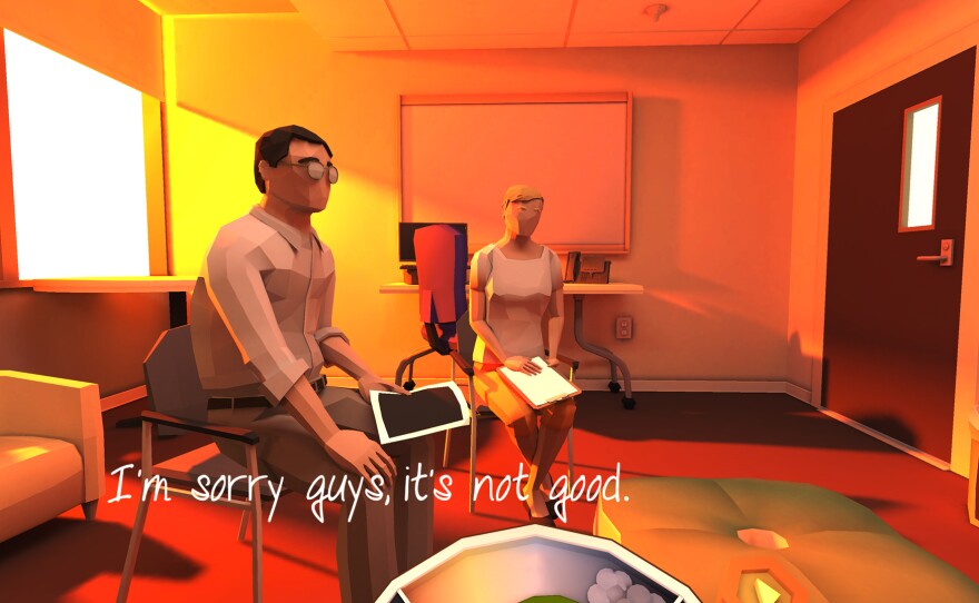 A scene from That Dragon, Cancer, shows Ryan and Amy Green getting news they didn't want to get about Joel's cancer.