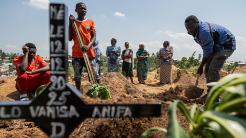 Relatives of Vanisa Anifa, a 6-month-old orphaned girl who died of Ebola, attend her burial, in Bunia, Congo, Friday, June 19, 2026.