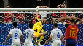 Cape Verde goalkeeper Vozinha (1) makes a save during the World Cup Group H soccer match between Spain and Cape Verde in Atlanta, Monday, June 15, 2026.
