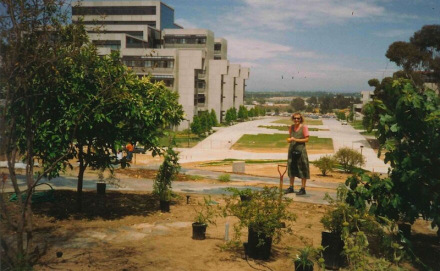 Artist Alexis Smith is shown during the construction of "Snake Path" in an undated photo.