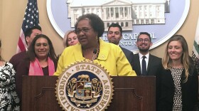 Flanked by members of the education community, Assemblywoman Shirley Weber, D-San Diego, discusses her proposed bill that would extend the amount of time teachers have to earn tenure, at a Capitol news conference, March 28, 2017. 
