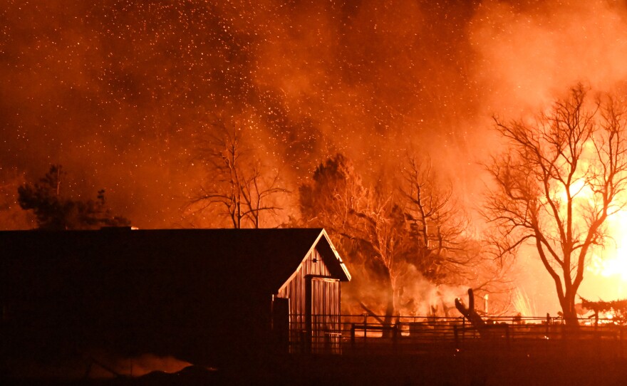 A home burns on South Boulder Road as the Marshall Fire sweeps through Boulder County burning nearly 600 homes on December 30, 2021 in Boulder, Colorado.