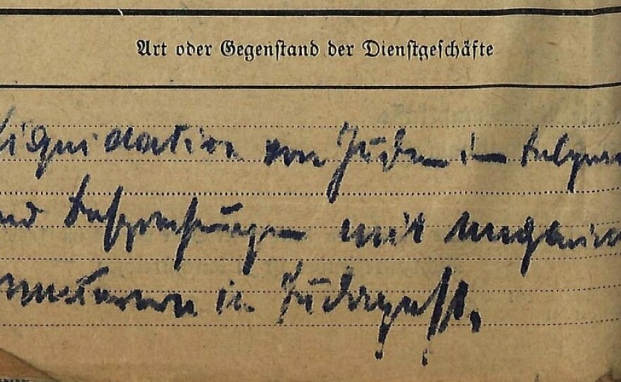 This photo shows an excerpt from the travel expenses of Franz Rademacher, the Nazi-era foreign ministry official in charge of Jewish affairs. In the document, he names the purpose of his journey as, "Liquidation of Jews in Belgrade and talks with Hungarian envoys in Budapest".