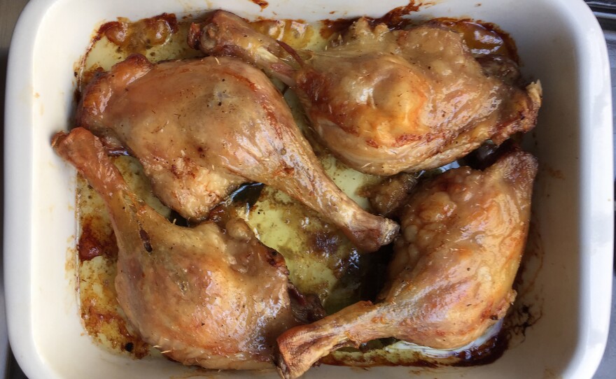 Once your duck is cooked, keep that fat pooling in your baking dish — it's great for frying up potatoes, or even chicken.