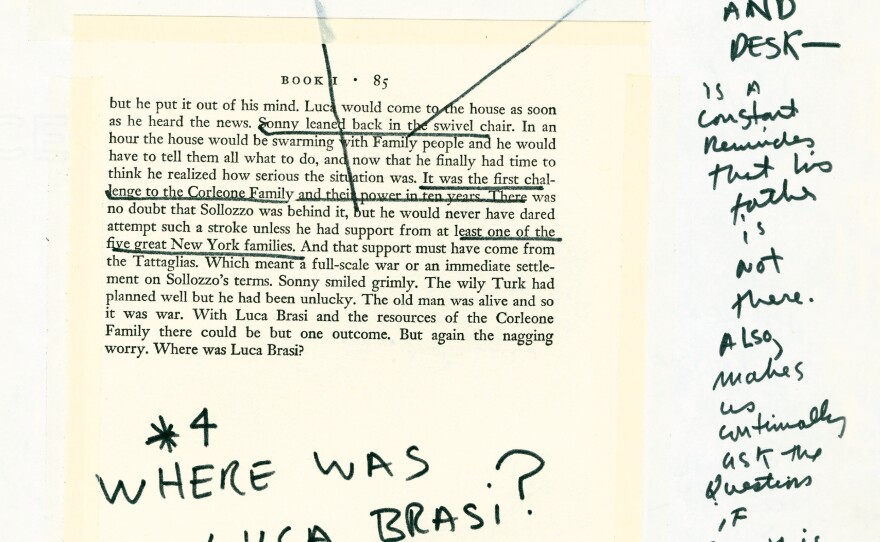 A page from <em>The Godfather Notebook</em> shows Coppola's notes on Mario Puzo's book.