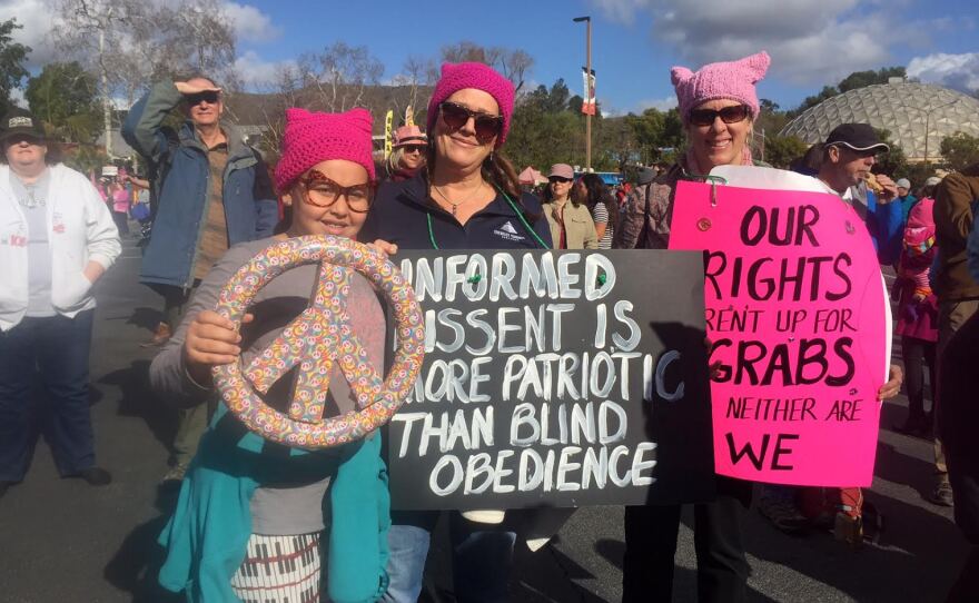 Demonstrators in North County San Diego gathered at Palomar College for the Women's March, Jan. 21, 2017.