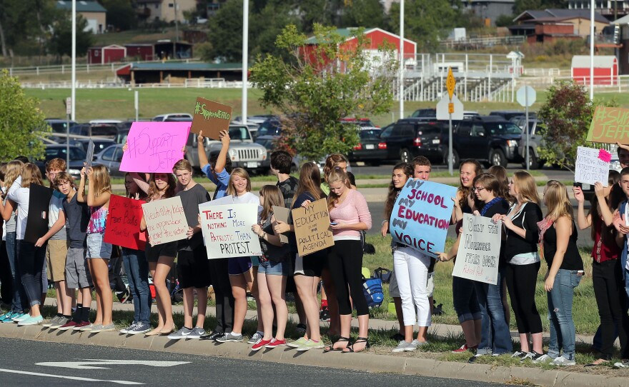 High school students held a protest against a Jefferson County School Board proposal to emphasize patriotism in the teaching of U.S. history, at Ralston Valley High School, Arvada, Colo. in September, 2014. The protests were over the Colorado school district's proposal to promote patriotism and de-emphasize civil disobedience in American history classes.