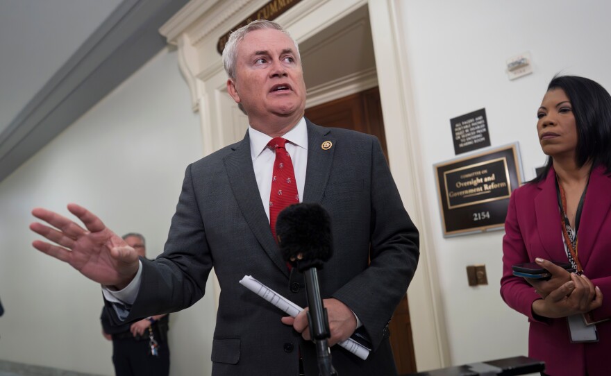 House Oversight Committee Chairman James Comer, R-Ky., speaks to reporters on Wednesday before questioning Commerce Secretary Howard Lutnick as part of the panel's investigation of convicted sex offender Jeffrey Epstein, at the Capitol in Washington.