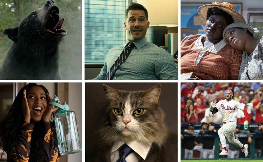 Clockwise from left:<em> Cocaine Bear, </em>Luke Macfarlane in <em><em>Platonic,</em></em> Danielle Brooks and Fantasia Barrino in<em> The Color Purple, </em>Bryce Harper of the Philadelphia Phillies<em>, </em>the cover of the book <em>Starter Villain,</em> Jessica Williams in<em> Shrinking.</em>