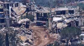 Two Israeli soldiers operate in southern Lebanon, as seen from northern Israel, April 29, 2026