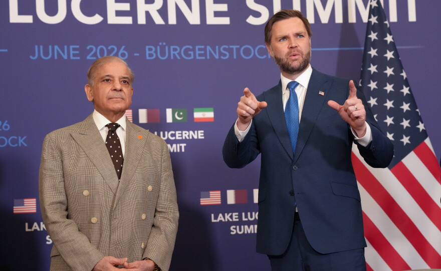 U.S. Vice President JD Vance, right, meets with Pakistan's Prime Minister Shehbaz Sharif, during high-level talks aimed at advancing a deal to end the Middle East conflict, at the Bürgenstock Resort in Obbuergen, near Lucerne, in Switzerland, Sunday, June 21, 2026.