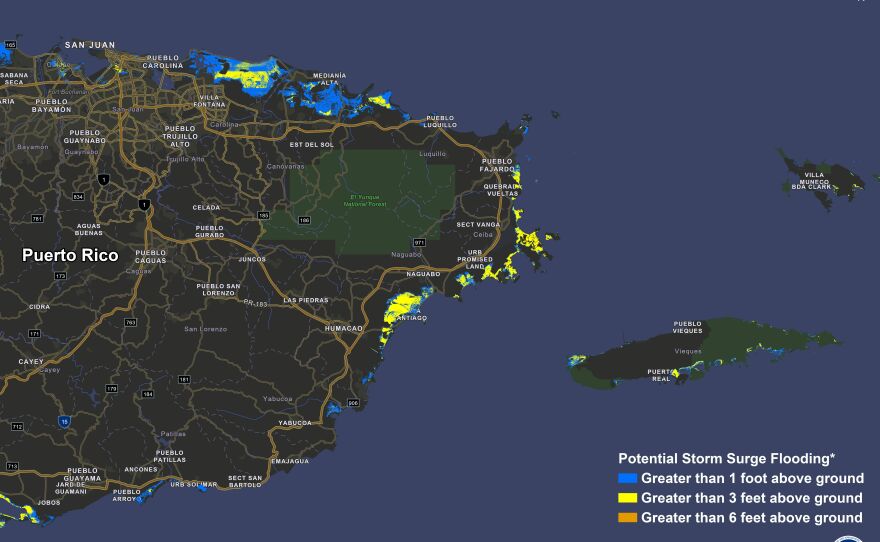 This map is an example of a potential storm surge warning map for Puerto Rico. Forecasters at the National Hurricane Center have upgraded storm surge warning tools this year so they can provide real-time surge forecasts to residents of Puerto Rico and the U.S. Virgin Islands.