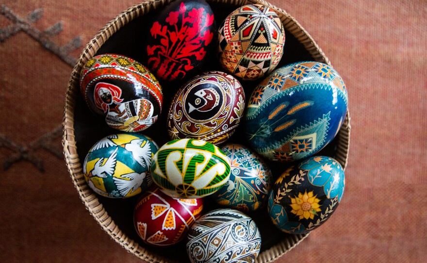 A basket of pysanky made by volunteers for Pysanky for Peace — from intricately decorated chicken eggs to goose eggs.