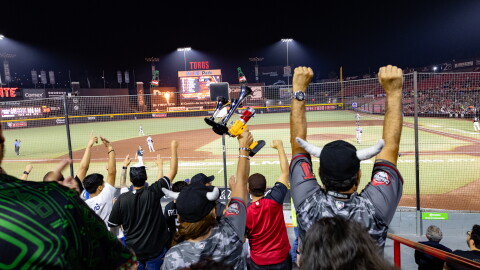 Fans cheer on the Tijuana Toros during a night game at the Mobil de Toros stadium in Tijuana, Mexico on July 31, 2026.