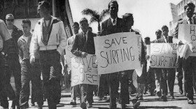 Photograph from a local surfers protest in 1961 used for the film, "A Line In The Sand: The Story Of America’s First Surfing Park."