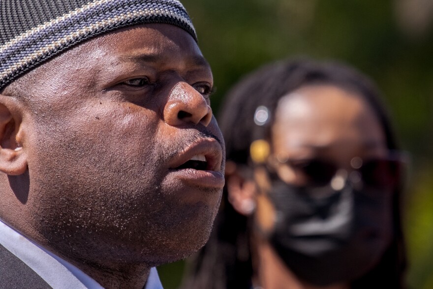 Yusef Miller from the North County Equity and Justice Coalition spoke out against the San Diego County Citizens' Law Enforcement Review Board not appointing Buki Domingos to a full term on the board, San Diego, June 20, 2022.