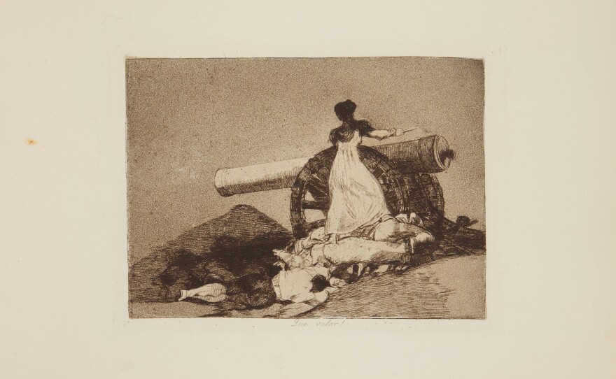 Francisco de Goya y Lucientes (Spanish, 1746–1828),<em> Que valor! (What Courage!)</em> from <em>The Disasters of War</em>, 1810-1820; printed after 1863. Etchings and aquatints on paper, bound, 10 1/16 × 13 3/4 × 1 7/8 in.