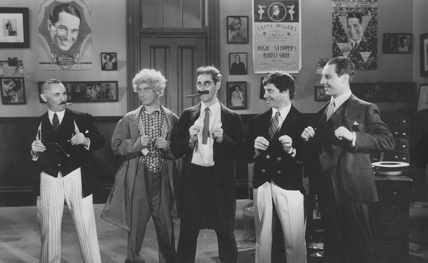 The Four Marx Brothers with their father, Sam "Frenchy" Marx, 1931.