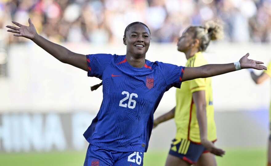 United States forward Jaedyn Shaw (26) celebrates after scoring against Colombia during the second half of an international friendly soccer match Sunday, Oct. 29, 2023, in San Diego.