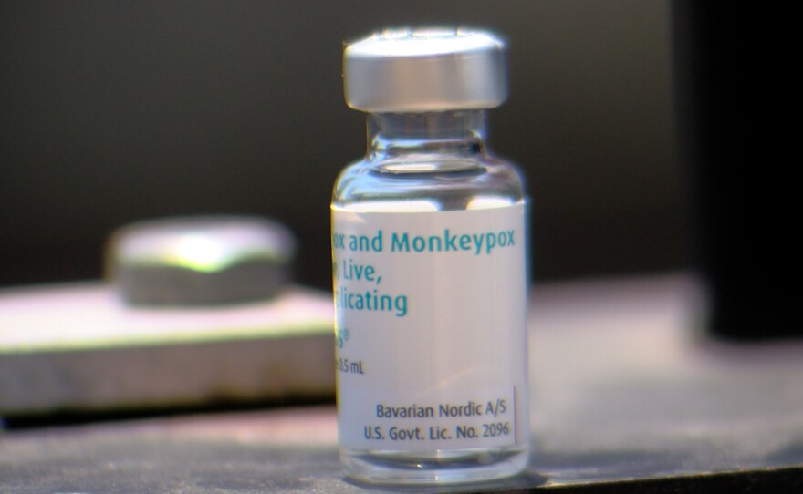 A monkeypox vaccine vile sits on a table, July 13, 2022.